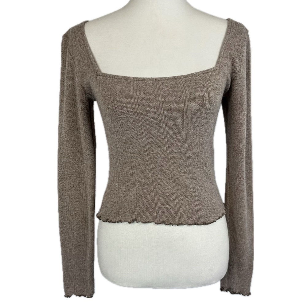 U O Mindy Pointelle Square Neck Sweater Top Sz L Soft Clean Girl Coquette Flaws